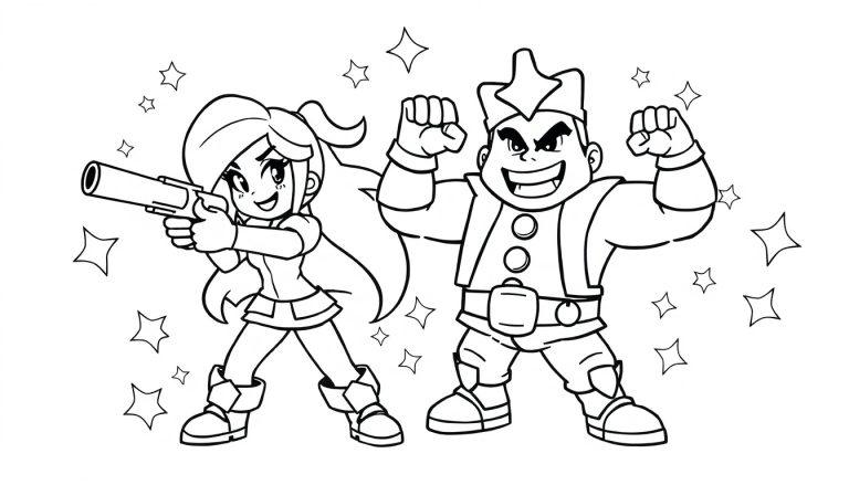 Schwarz-weiße Farbtafel von Brawl Stars Charakteren, bereit zum Ausmalen.