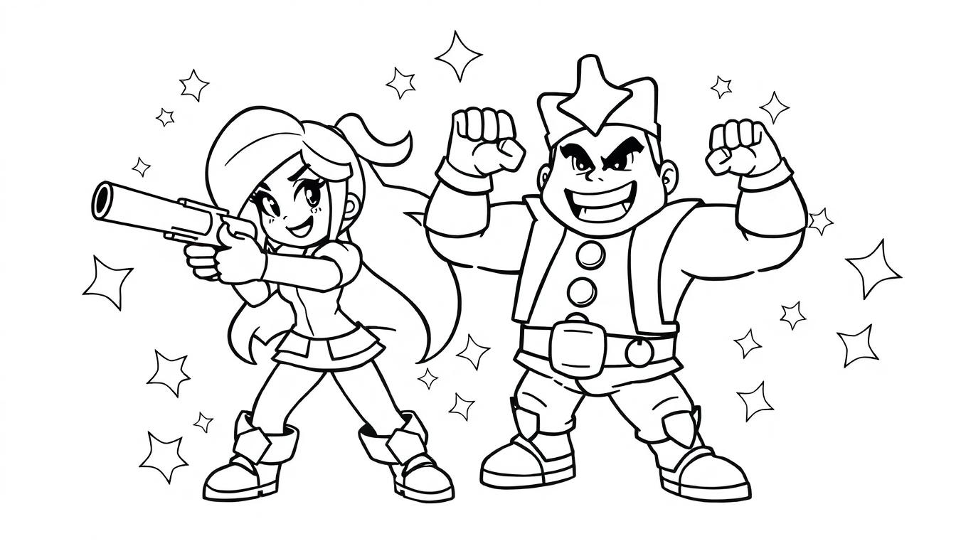 Schwarz-weiße Farbtafel von Brawl Stars Charakteren, bereit zum Ausmalen.