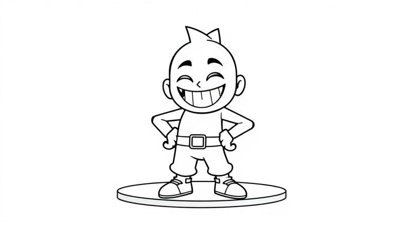Schwarz-Weiß-Farbtafel einer Brawl Stars Figur mit geschlossenen Augen und einem breiten Lächeln, die selbstbewusst auf einem Sockel steht.