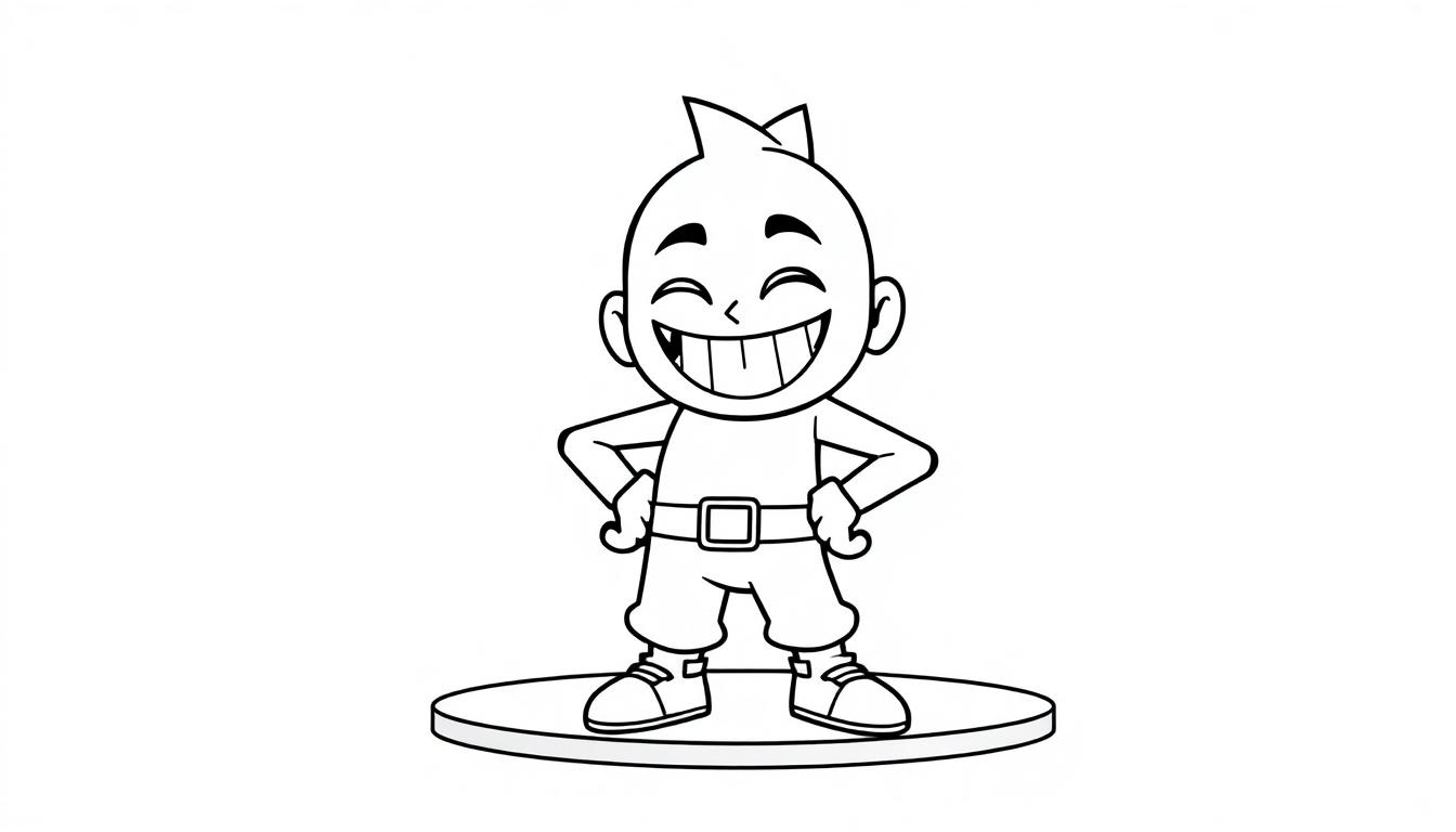 Schwarz-Weiß-Farbtafel einer Brawl Stars Figur mit geschlossenen Augen und einem breiten Lächeln, die selbstbewusst auf einem Sockel steht.