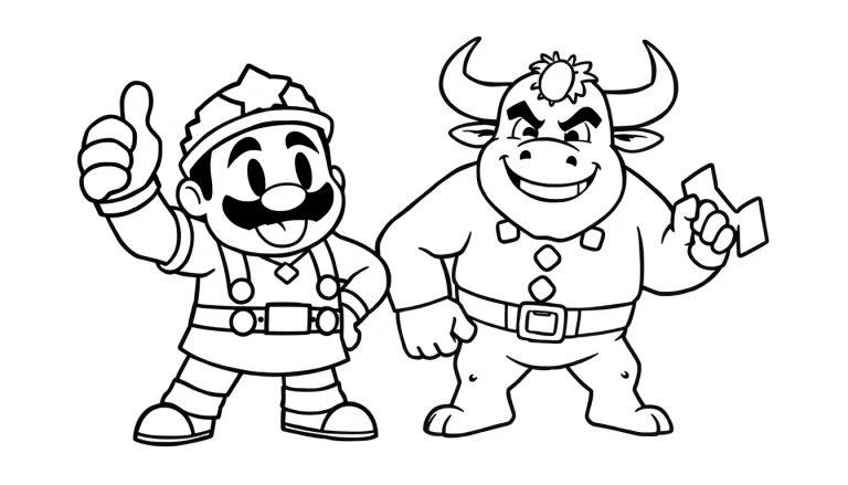 Schwarz-Weiß-Farbtafel von El Primo und Bull im Brawl Stars-Stil, bereit zum Ausmalen.