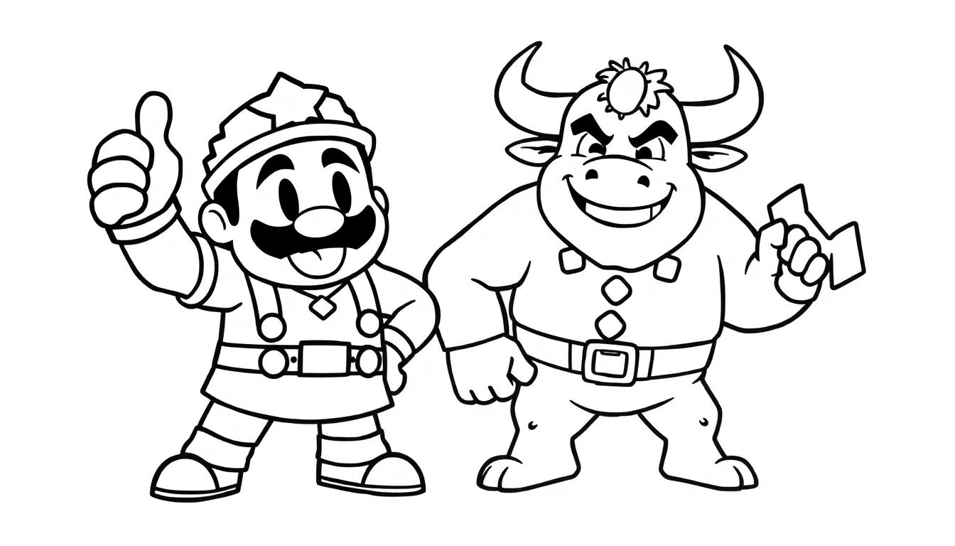 Schwarz-Weiß-Farbtafel von El Primo und Bull im Brawl Stars-Stil, bereit zum Ausmalen.