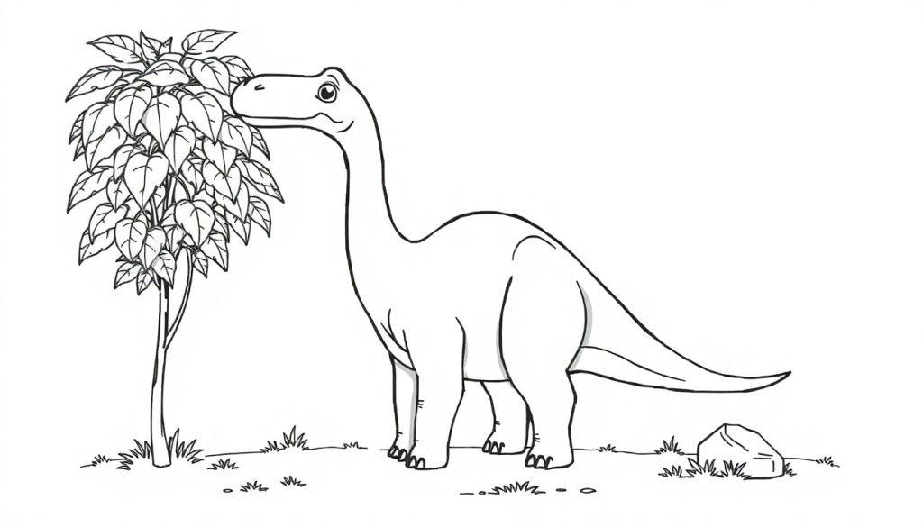 Eine Schwarz-Weiß-Farbtafel eines freundlichen Brontosaurus, der Blätter von einem Baum frisst.