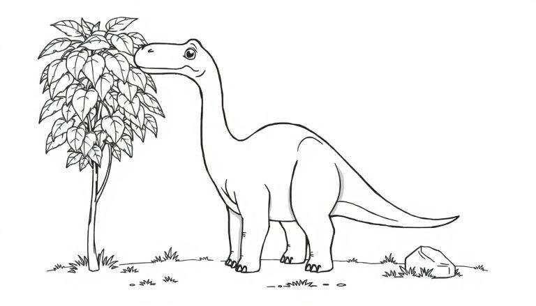 Eine Schwarz-Weiß-Farbtafel eines freundlichen Brontosaurus, der Blätter von einem Baum frisst.