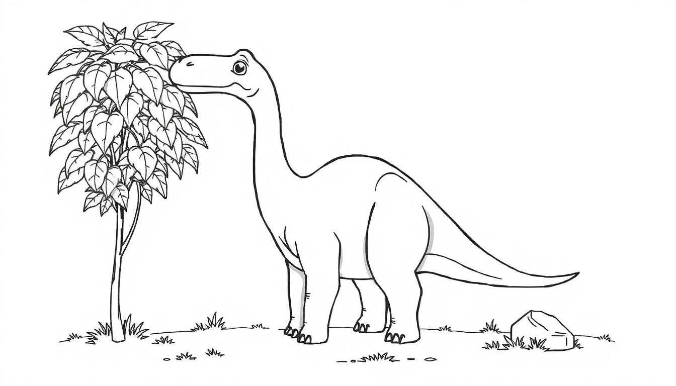 Eine Schwarz-Weiß-Farbtafel eines freundlichen Brontosaurus, der Blätter von einem Baum frisst.