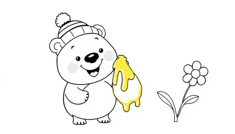 Niedlicher Cartoon-Bär mit einem Hut, der einen Topf Honig hält, neben einer Blume.