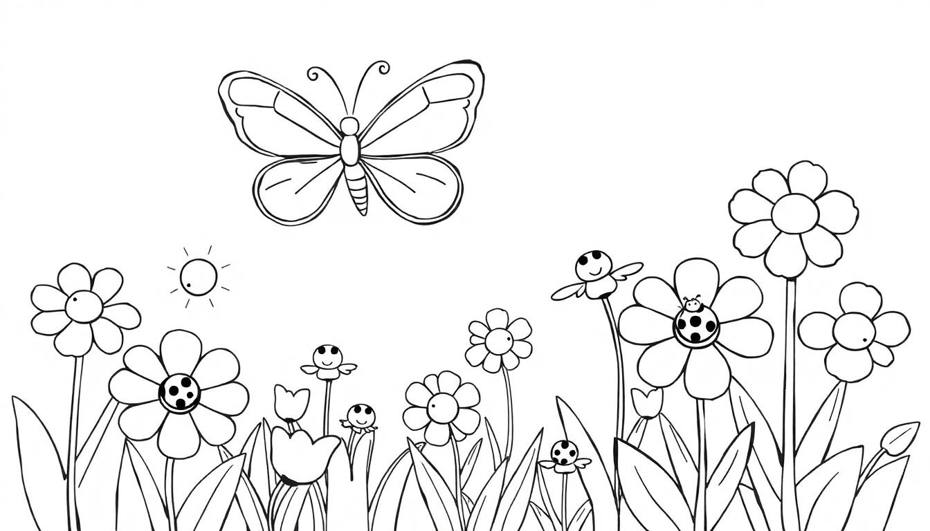 Eine Schwarz-Weiß-Farbtafel mit Blumen, einer Sonne und einem Schmetterling für Kinder zum Ausmalen.
