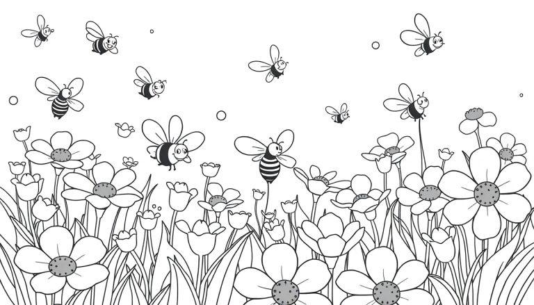 Schwarz-weiße Farbtafel einer Wiese mit Blumen und lächelnden Bienen.
