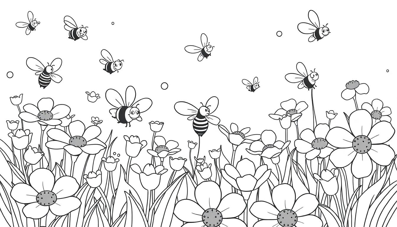 Schwarz-weiße Farbtafel einer Wiese mit Blumen und lächelnden Bienen.