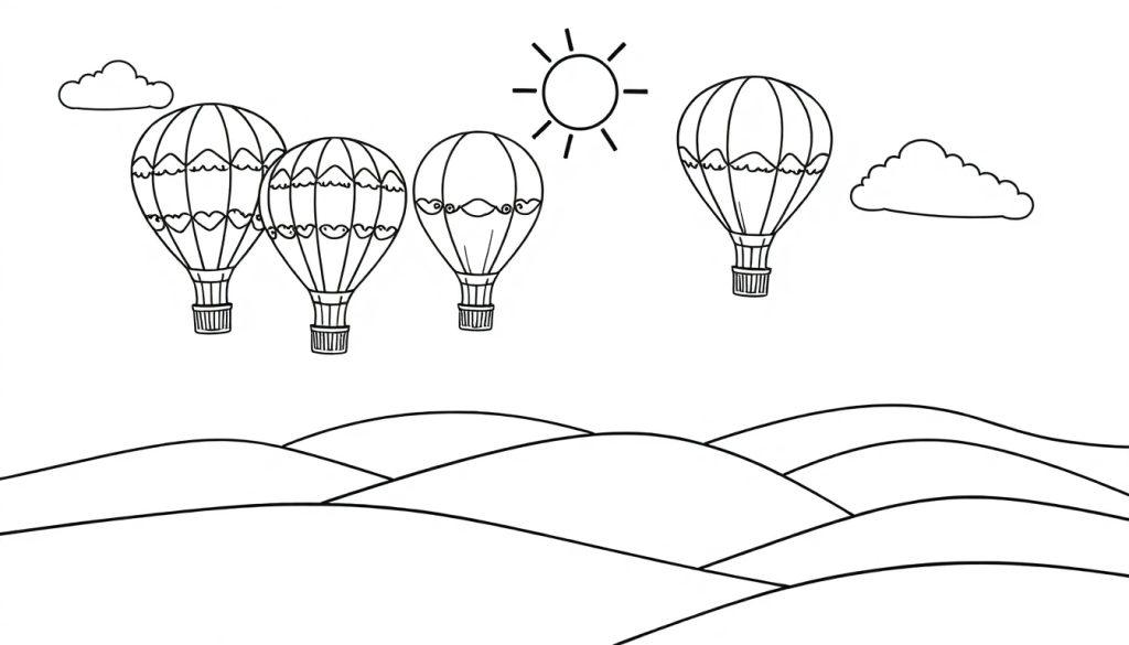Schwarz-Weiß-Farbtafel einer Landschaft mit vier detaillierten Heißluftballons, einer Sonne und zwei Wolken über Hügeln.