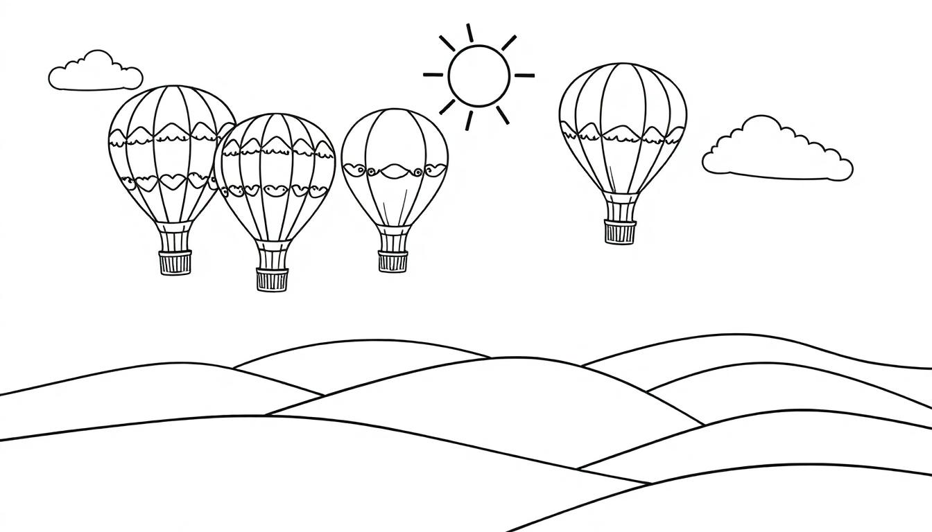 Schwarz-Weiß-Farbtafel einer Landschaft mit vier detaillierten Heißluftballons, einer Sonne und zwei Wolken über Hügeln.