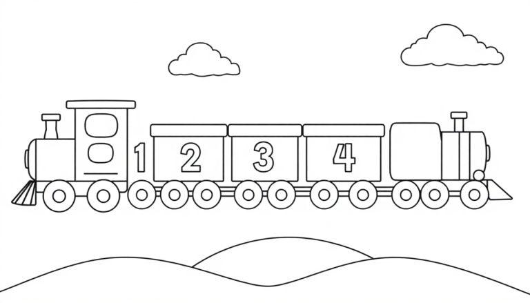 Schwarz-weiße Farbtafel eines Cartoon-Zugs mit vier nummerierten Waggons auf einer Hügellandschaft.