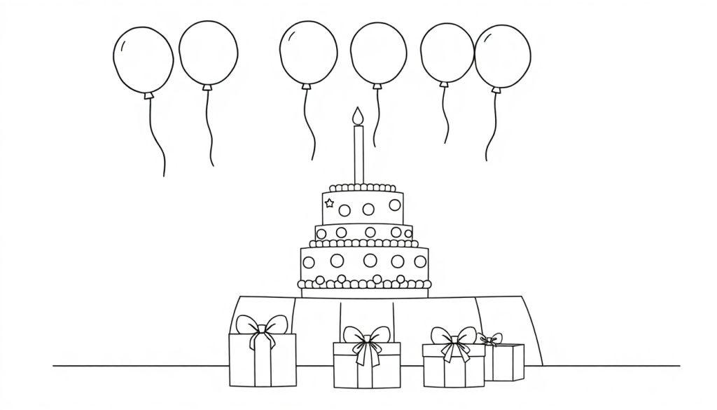 Ausmalbild einer bunten Geburtstagsfeier mit Luftballons, einem mehrstöckigen Kuchen mit brennender Kerze und Geschenken, als Farbtafel.