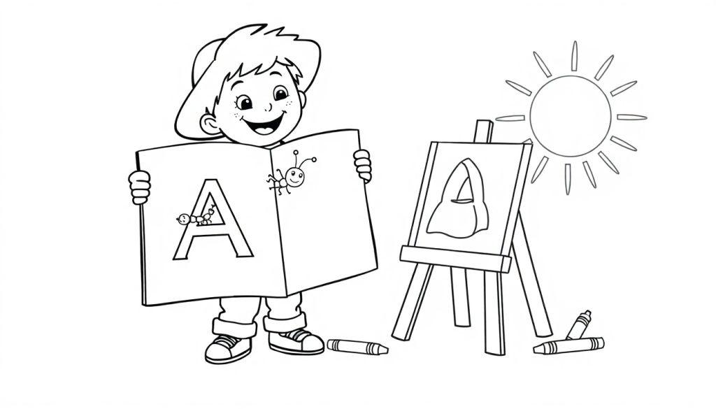Ein Kind hält ein Buch mit dem Buchstaben A. Eine Raupe und ein Marienkäfer krabbeln auf dem Buch, während rechts eine Staffelei mit einem Kleidungsstück und eine Sonne zu sehen sind. Buntstifte liegen am Boden.