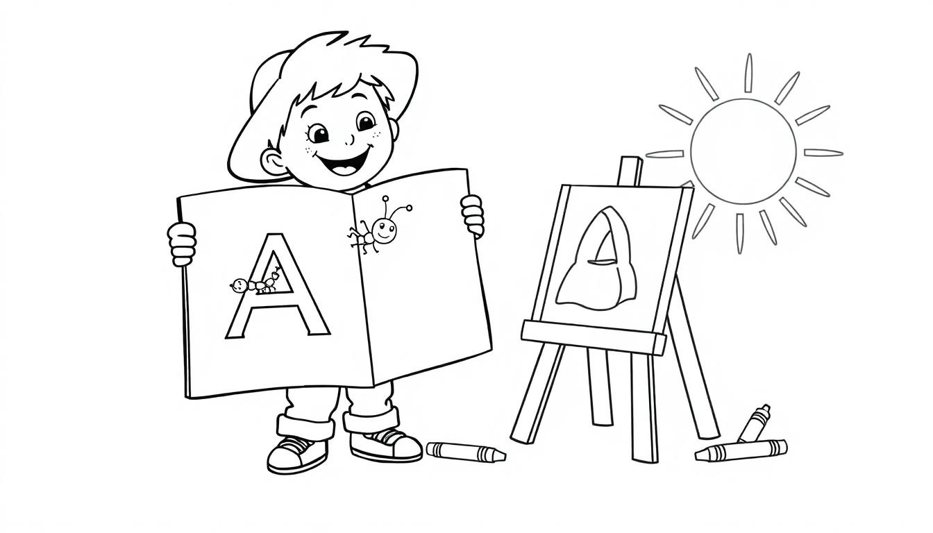 Ein Kind hält ein Buch mit dem Buchstaben A. Eine Raupe und ein Marienkäfer krabbeln auf dem Buch, während rechts eine Staffelei mit einem Kleidungsstück und eine Sonne zu sehen sind. Buntstifte liegen am Boden.