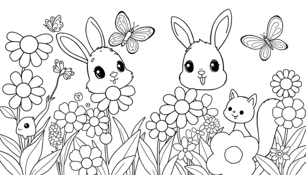 Schwarz-weiße Farbtafel eines Mosaiks mit zwei niedlichen Hasen, Gänseblümchen, anderen Blumen und einem Eichhörnchen.