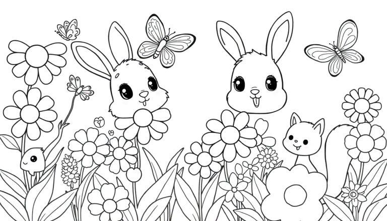 Schwarz-weiße Farbtafel eines Mosaiks mit zwei niedlichen Hasen, Gänseblümchen, anderen Blumen und einem Eichhörnchen.