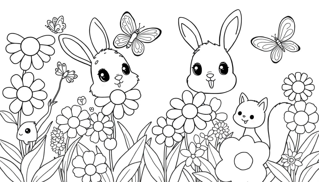 Schwarz-weiße Farbtafel eines Mosaiks mit zwei niedlichen Hasen, Gänseblümchen, anderen Blumen und einem Eichhörnchen.