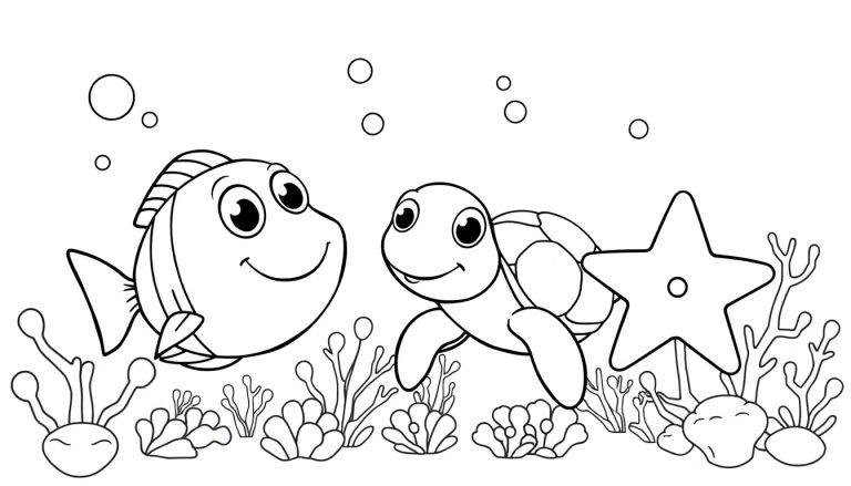 Schwarz-Weiß-Farbtafel einer Unterwasserwelt mit einem fröhlichen Fisch, einer Schildkröte und einem Seestern.