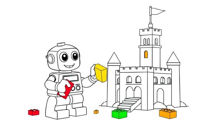 Ein niedlicher Cartoon-Roboter baut eine bunte Burg aus Bausteinen, eine Farbtafel für Kinder.