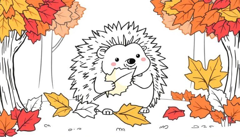 Ein niedlicher Igel im herbstlichen Wald, hält ein buntes Blatt. Eine Farbtafel zum Ausmalen.