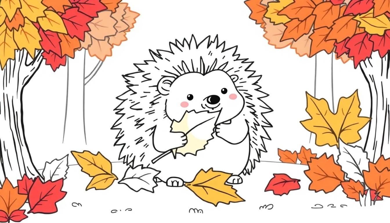Ein niedlicher Igel im herbstlichen Wald, hält ein buntes Blatt. Eine Farbtafel zum Ausmalen.