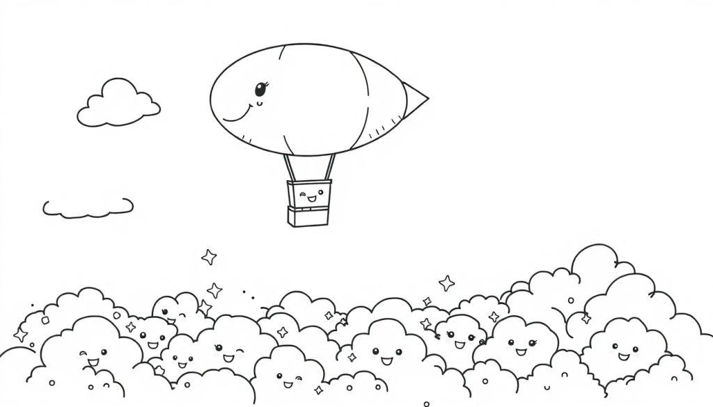 Eine Schwarz-Weiß-Farbtafel-Zeichnung eines lächelnden Heißluftballons, der über freundlichen Wolken schwebt.