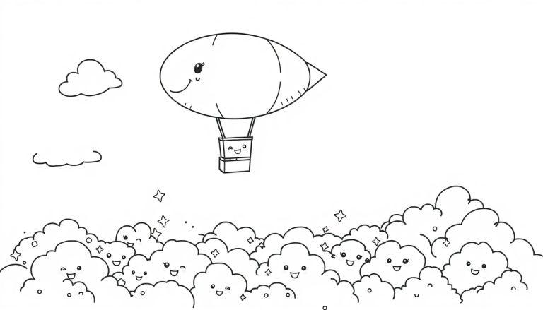 Eine Schwarz-Weiß-Farbtafel-Zeichnung eines lächelnden Heißluftballons, der über freundlichen Wolken schwebt.