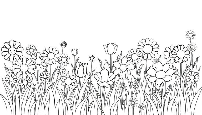 Schwarz-weiße Farbtafel eines Blumenfeldes mit lächelnden Gänseblümchen.