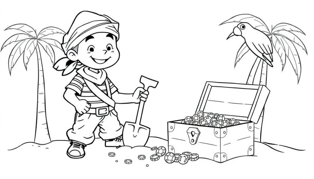 Schwarz-weiß Ausmalbild einer lustigen Piratenszene mit einem Piratenjungen, einer Goldtruhe und einem Papagei auf einer Palme, bereit zum Ausmalen als Farbtafel.