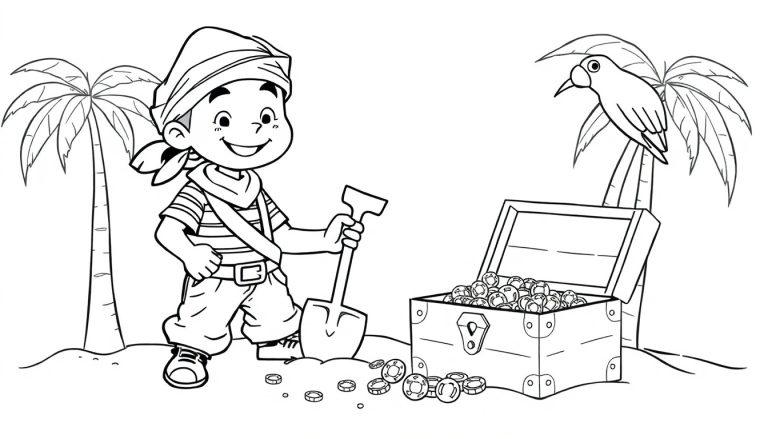 Schwarz-weiß Ausmalbild einer lustigen Piratenszene mit einem Piratenjungen, einer Goldtruhe und einem Papagei auf einer Palme, bereit zum Ausmalen als Farbtafel.