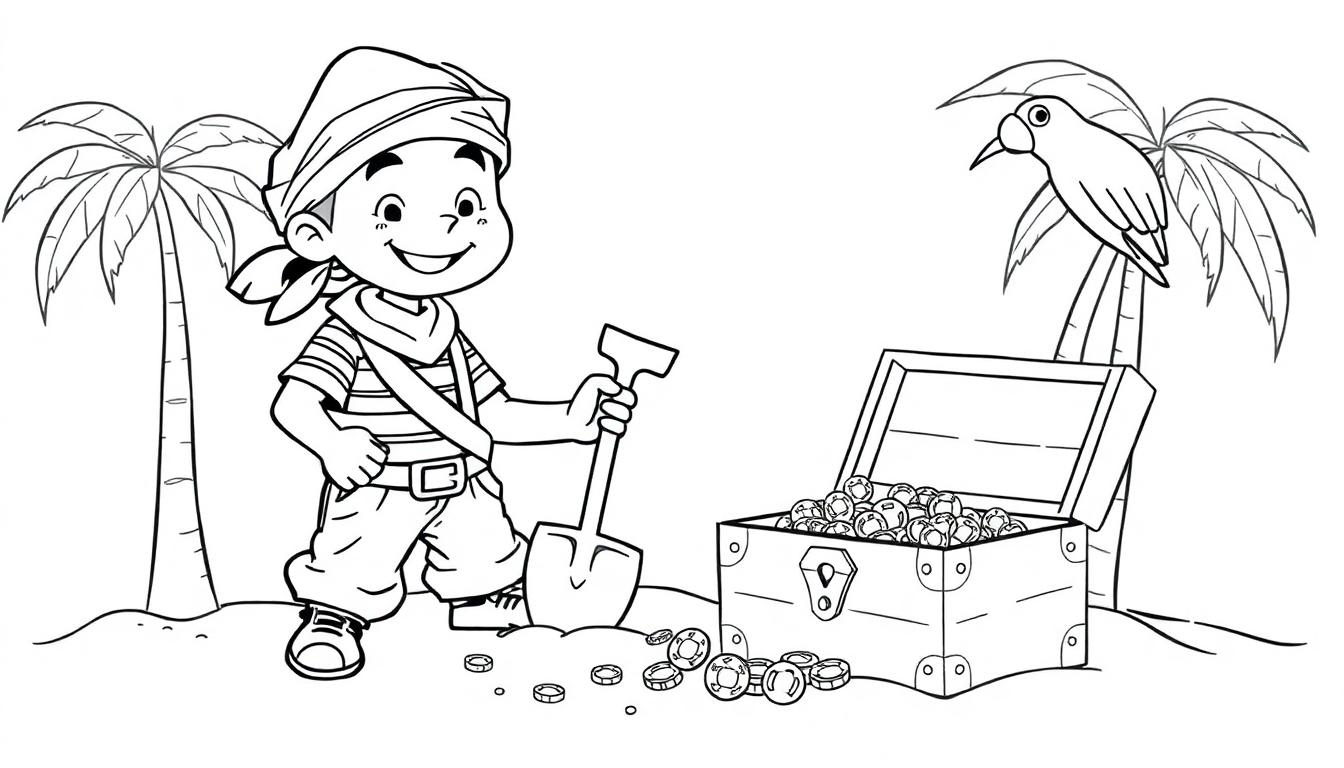 Schwarz-weiß Ausmalbild einer lustigen Piratenszene mit einem Piratenjungen, einer Goldtruhe und einem Papagei auf einer Palme, bereit zum Ausmalen als Farbtafel.