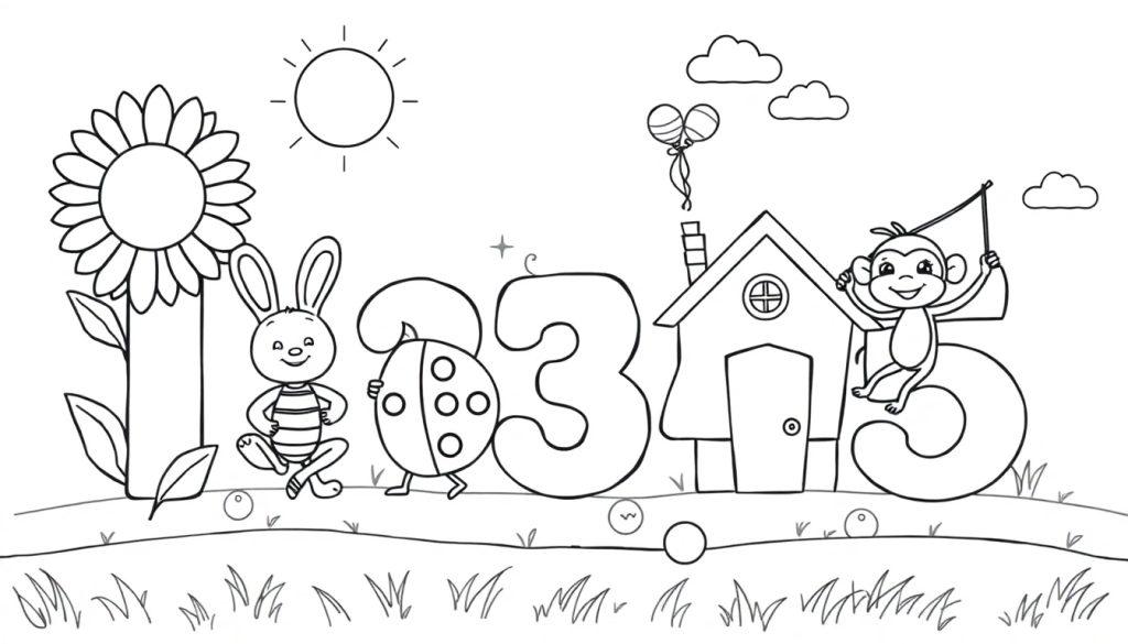 Eine Farbtafel zum Ausmalen: Eine Sonne, eine Sonnenblume (1), ein Hase (2), ein Käfer (3), ein Haus mit Ballons (4) und ein Affe auf einer 5, die auf Gras stehen, mit Murmeln und Wolken.