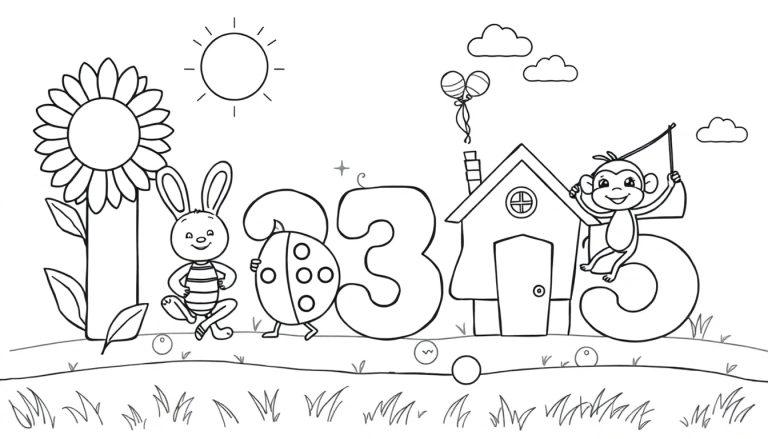 Eine Farbtafel zum Ausmalen: Eine Sonne, eine Sonnenblume (1), ein Hase (2), ein Käfer (3), ein Haus mit Ballons (4) und ein Affe auf einer 5, die auf Gras stehen, mit Murmeln und Wolken.
