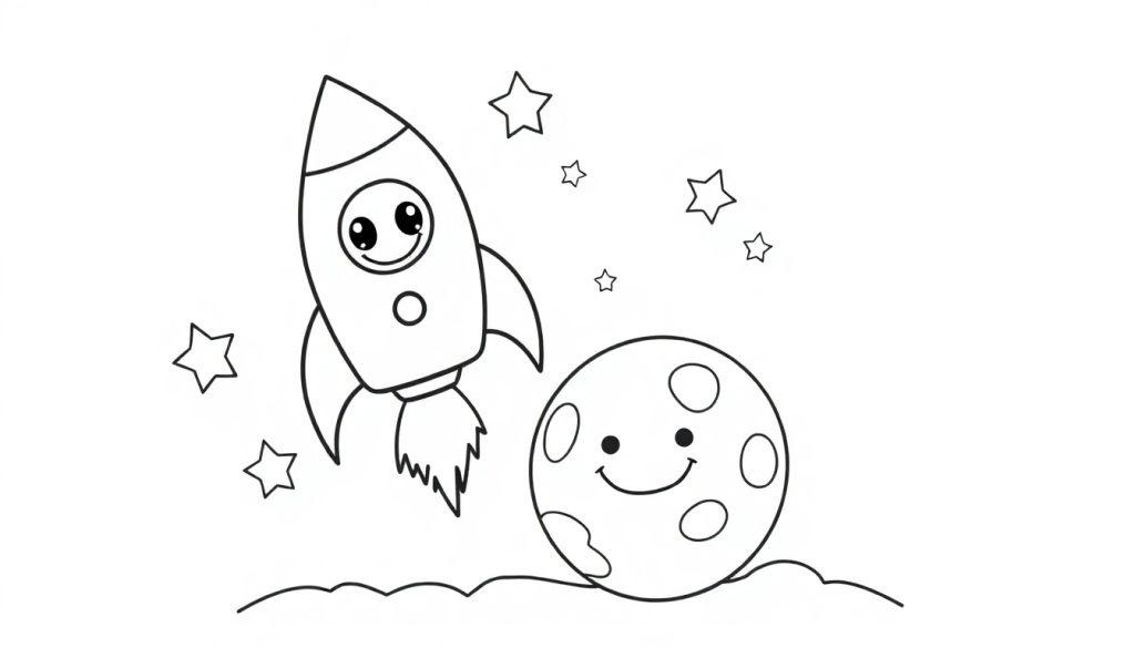 Eine lustige Schwarz-Weiß-Farbtafel eines Raketenschiffs mit einem Cartoon-Gesicht, das neben einem freundlichen Mond mit Kratern fliegt, umgeben von Sternen.