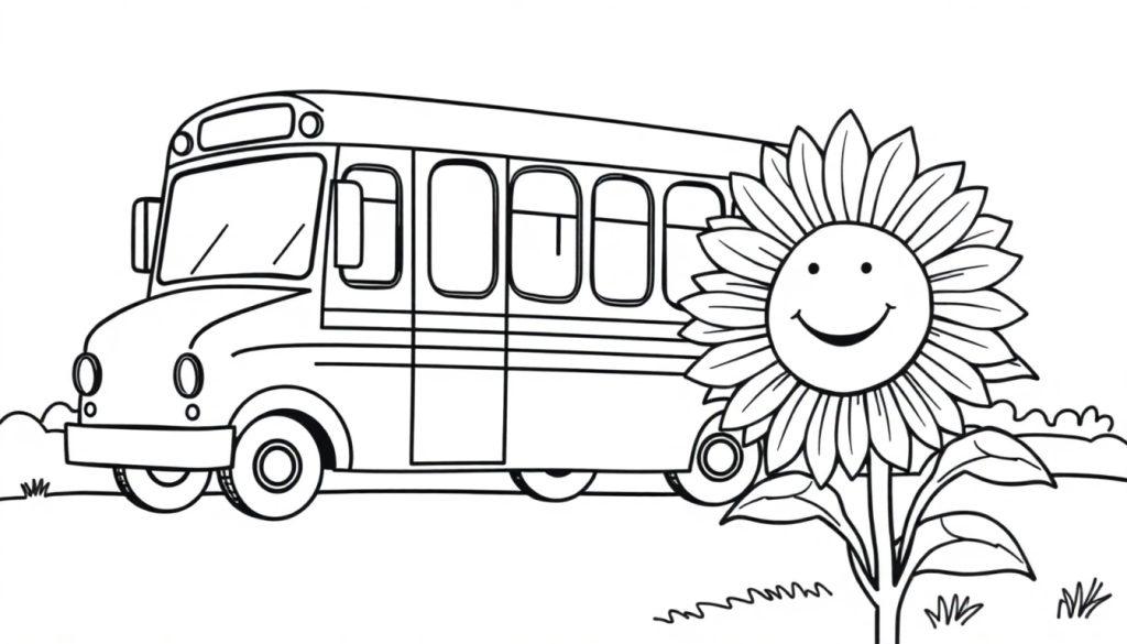 Schwarz-Weiß-Farbtafel: Ein fröhlicher Comic-Bus fährt neben einer lächelnden Sonnenblume.