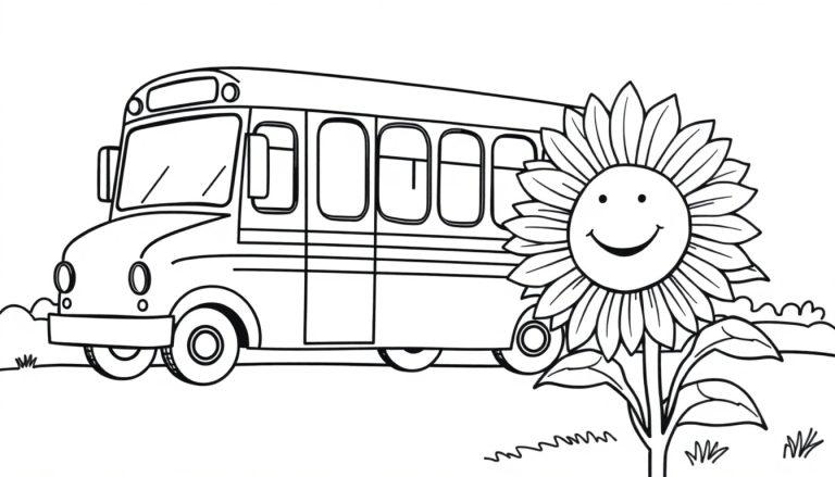 Schwarz-Weiß-Farbtafel: Ein fröhlicher Comic-Bus fährt neben einer lächelnden Sonnenblume.