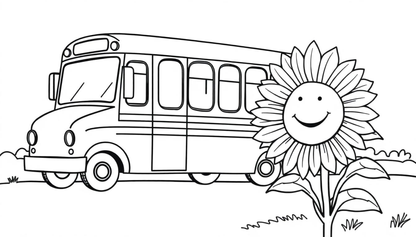 Schwarz-Weiß-Farbtafel: Ein fröhlicher Comic-Bus fährt neben einer lächelnden Sonnenblume.