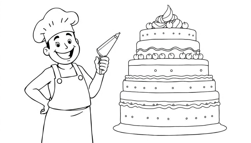 Schwarz-weiße Farbtafel-Illustration eines lächelnden Bäckers mit Kochmütze und Schürze, der ein Küchenwerkzeug neben einer großen, geschmückten Torte hält.