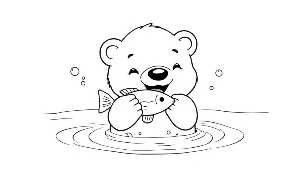 Eine Farbtafel eines Cartoon-Bären, der im Wasser steht und einen Fisch hält.
