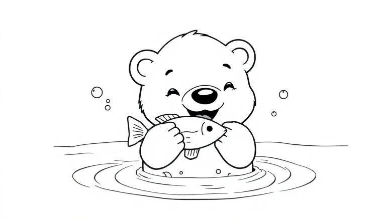 Eine Farbtafel eines Cartoon-Bären, der im Wasser steht und einen Fisch hält.