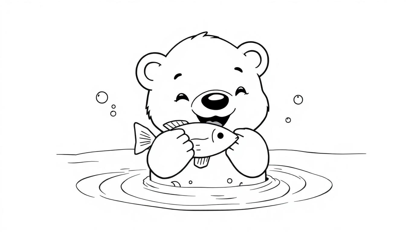 Eine Farbtafel eines Cartoon-Bären, der im Wasser steht und einen Fisch hält.