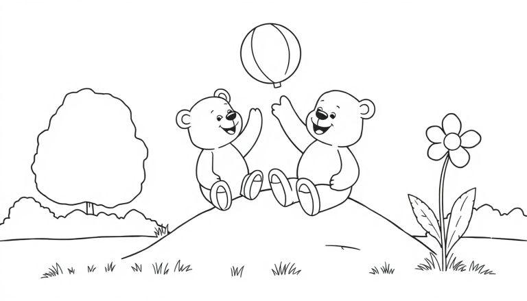 Schwarz-weiß Farbtafel: Zwei niedliche Bären spielen mit einem Ballon auf einem Hügel.