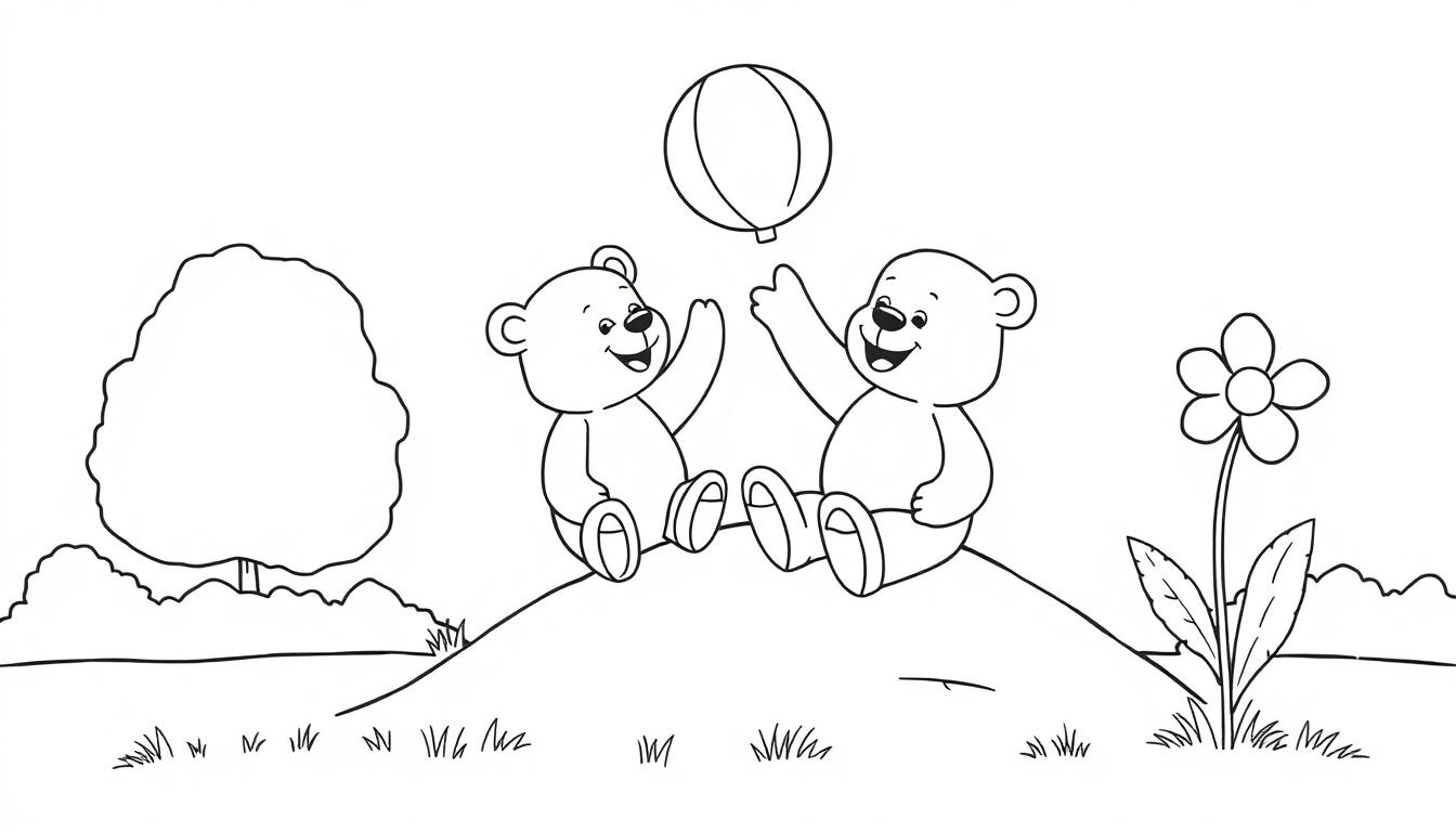 Schwarz-weiß Farbtafel: Zwei niedliche Bären spielen mit einem Ballon auf einem Hügel.