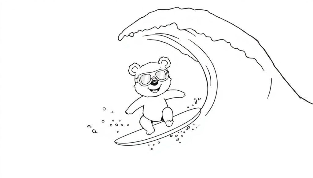 Eine Schwarz-Weiß-Farbtafel-Zeichnung eines niedlichen Bären mit Sonnenbrille, der auf einem Surfbrett auf einer großen Welle surft.