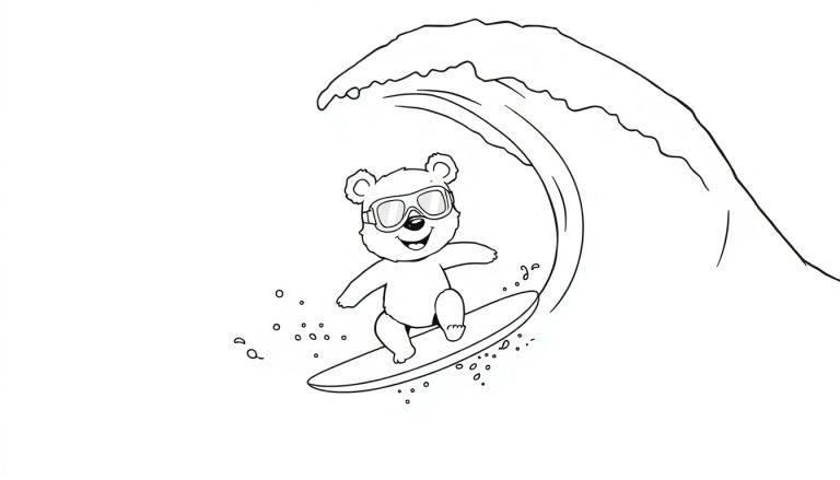 Eine Schwarz-Weiß-Farbtafel-Zeichnung eines niedlichen Bären mit Sonnenbrille, der auf einem Surfbrett auf einer großen Welle surft.