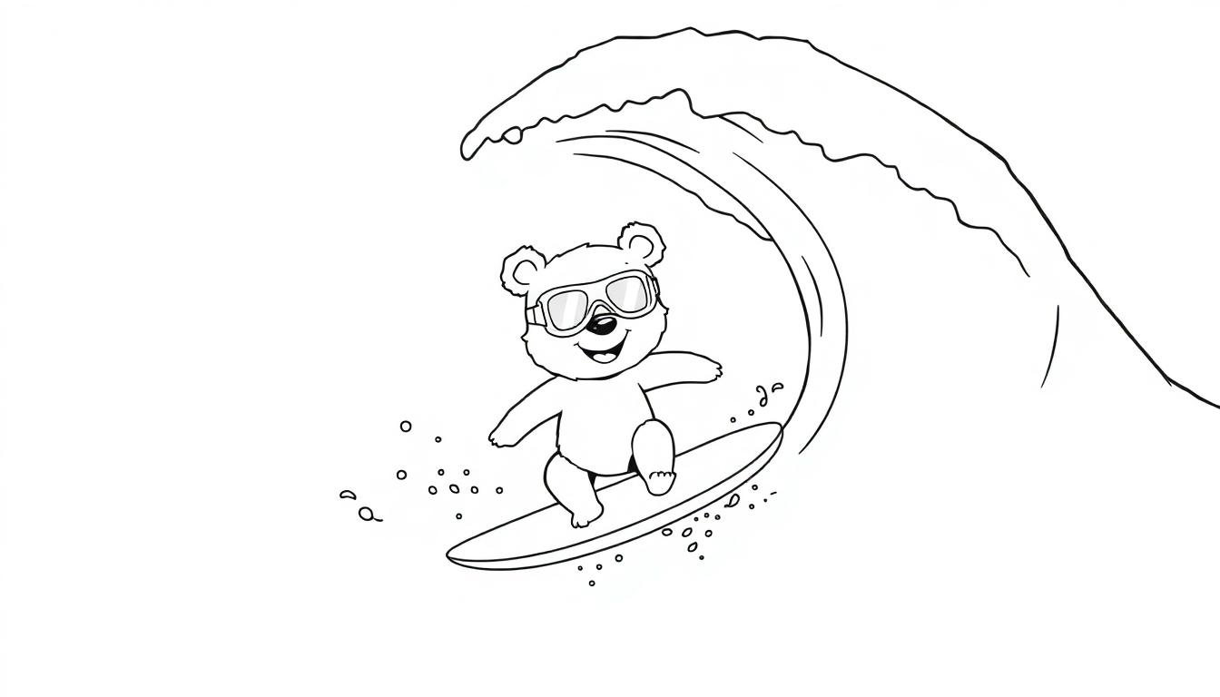 Eine Schwarz-Weiß-Farbtafel-Zeichnung eines niedlichen Bären mit Sonnenbrille, der auf einem Surfbrett auf einer großen Welle surft.