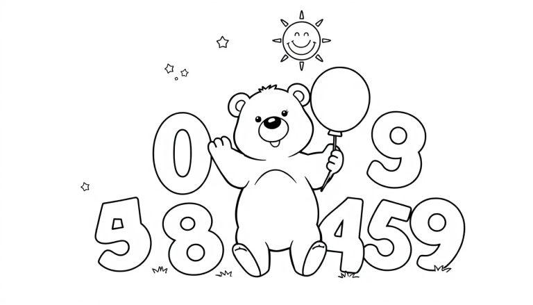 Schwarz-Weiß-Farbtafel mit einem Cartoon-Bären, der einen Ballon hält und von Zahlen, Sternen und einer lächelnden Sonne umgeben ist.