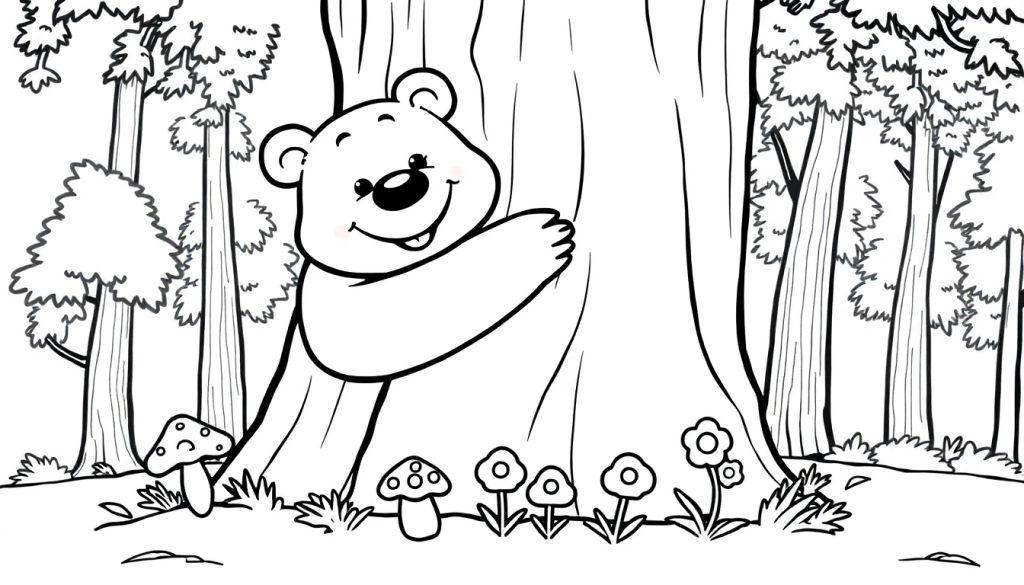 Ein freundlicher Bär umarmt einen großen Baum im Wald, schwarz-weiß Farbtafel.
