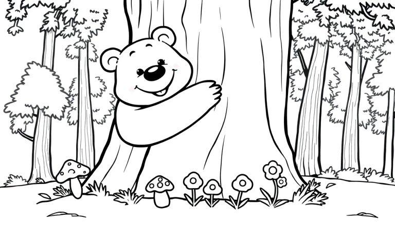 Ein freundlicher Bär umarmt einen großen Baum im Wald, schwarz-weiß Farbtafel.